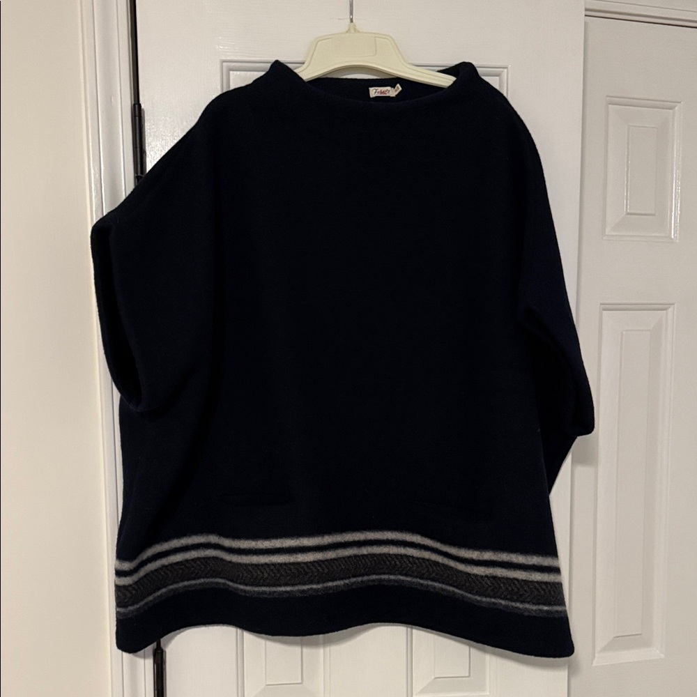 Faherty brand wool poncho: navy with gray stripes